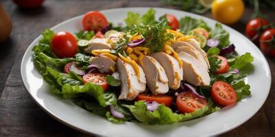 Chicken salad, adorned with crisp vegetables, entices on a wooden table. photo