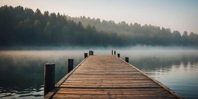 A wooden dock sits on a lake with a foggy morning sky. photo