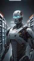 powered robot stands in a server room with an artificial intelligence emblem displayed on its chest - symbol for the large consumption of computing power through. photo