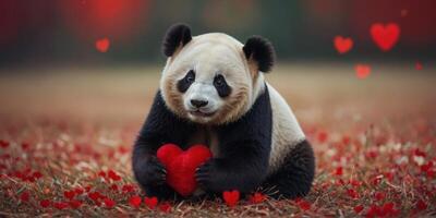 Cute panda with a red heart on a red background. photo