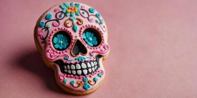 A close up of a decorated sugar skull cookie on a pink background. photo