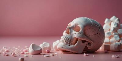 Ancient head with marshmallow on pink background. photo
