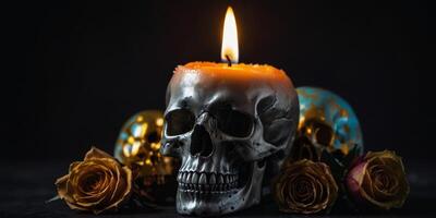 A candle and two skulls are on a black background. photo