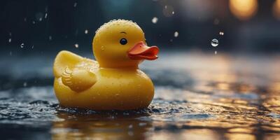 A yellow rubber duck is sitting in a puddle of water. photo