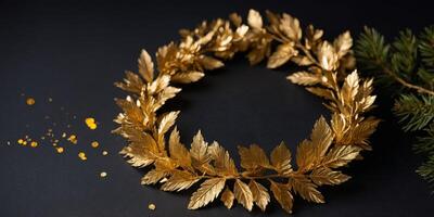 A gold leaf wreath is displayed on a black background. photo