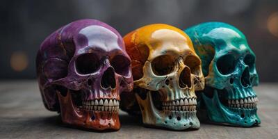 Four skulls with different designs and colors. photo
