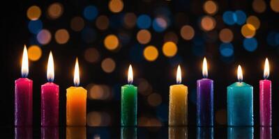 A row of colorful candles on a black background. photo