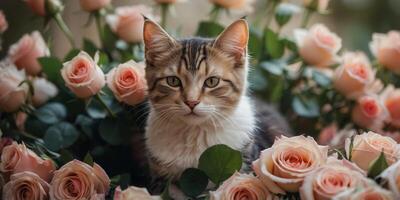 Adorable kitty under the bouquet of roses. photo