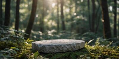 A white stone podium in the forest with copy space for showing you product. photo
