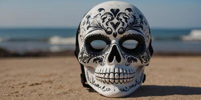 A white mask with a black face and a black skull design. photo