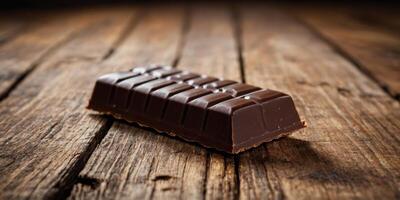 A chocolate bar is sitting on a wooden table. photo