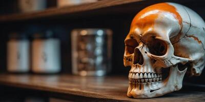 A white and orange skull is displayed on a shelf. photo
