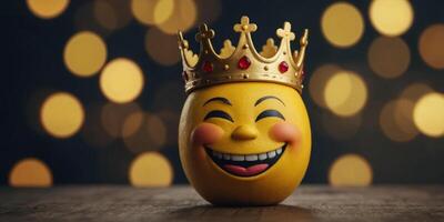 A smiling yellow face with a crown on top. photo