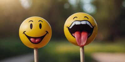 A yellow smiley face with a tongue sticking out is sitting on a stick. photo