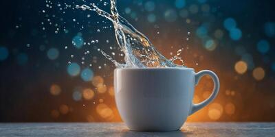 A white cup with water splashing out of it. photo