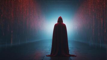 A hooded figure standing in a digital world filled with red and blue glowing data streams. photo