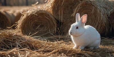 A white rabbit with black ears is standing in front of a pile of hay. photo