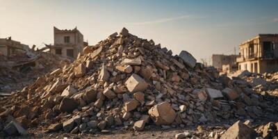 A close up of a pile of rubble with a lot of dust and debris. photo