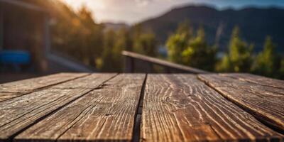 A wooden table with a view of the outside. photo