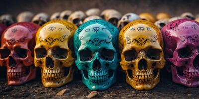 A row of skulls with different colors and designs. photo