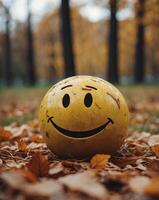 Worn Smiley Face Ball in Autumn Park - Symbol of Nostalgia and Time. photo