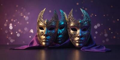 masks on purple background with copy space. photo
