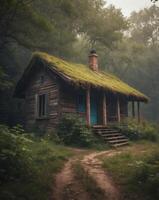 Old Abandoned Rustic Cottage in Misty Forest Path with Overgrown Vegetation. photo