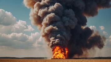 Big fire in the field and huge pillar of smoke to the clouds. photo