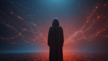 A hooded figure standing in a digital world filled with red and blue glowing data streams. photo