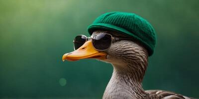 A duck wearing sunglasses and a green hat on a green background. photo