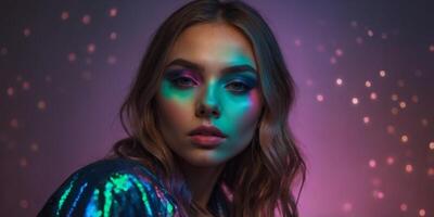 Beautiful young fashionable girl with art make up in color light. photo