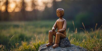 A wooden figure is sitting on a rock in a field. photo