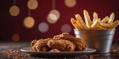 A close up of fried chicken and french fries on a red background. photo