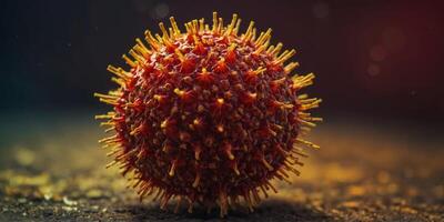 A close up of a red and yellow virus with a blurry background. photo