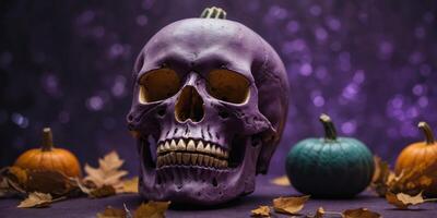 A purple background with a skull and a pumpkin on it. photo