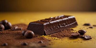 A close up of a chocolate bar with a yellow background. photo