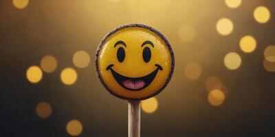A yellow smiley face with a tongue sticking out is sitting on a stick. photo