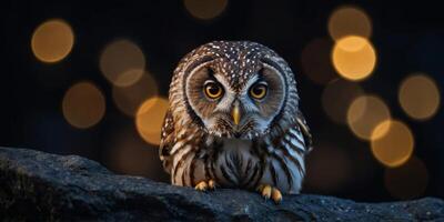 A small owl is perched on a rock in the dark of night. photo