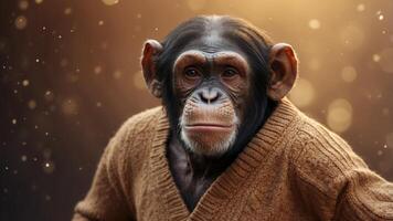 Expressive Chimpanzee in Sweater on Warm Brown Background. photo