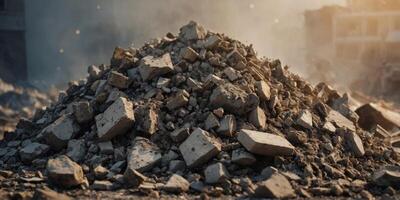 A close up of a pile of rubble with a lot of dust and debris. photo