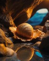 Golden Seashell in Rocky Cave with Natural Light Shining Through. photo
