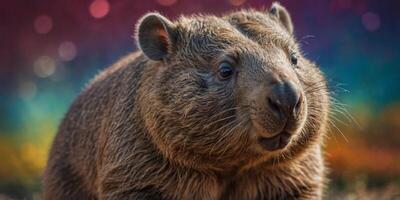 a wombat wearing sunglasses in front of a colorful background. photo