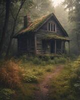 Old Abandoned Rustic Cottage in Misty Forest Path with Overgrown Vegetation. photo