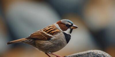 A closeup shot of a common sparrow bird perched on a rock. photo