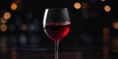 A glass of red wine is sitting on a black background. photo