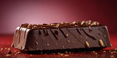 A close up of a chocolate bar with a red background. photo