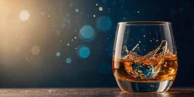 A glass of liquor is sitting on a table with a splash of water on top of it. photo