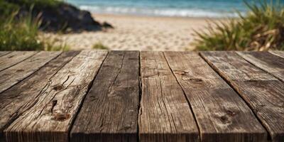 rustic wooden table at the beach with Summer theme background with decorations. photo
