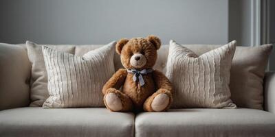 A teddy bear is sitting on a white couch. photo