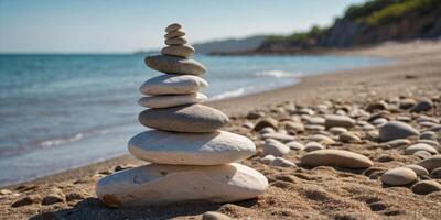 A stack of white rocks on a beach with a drawing of an arrow pointing upwards. photo